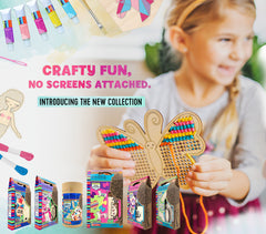 Happy girl holds her creative craft kit design - a cross stitch wooden butterfly in many colors. Seedling craft kits for kids from ages 3+.